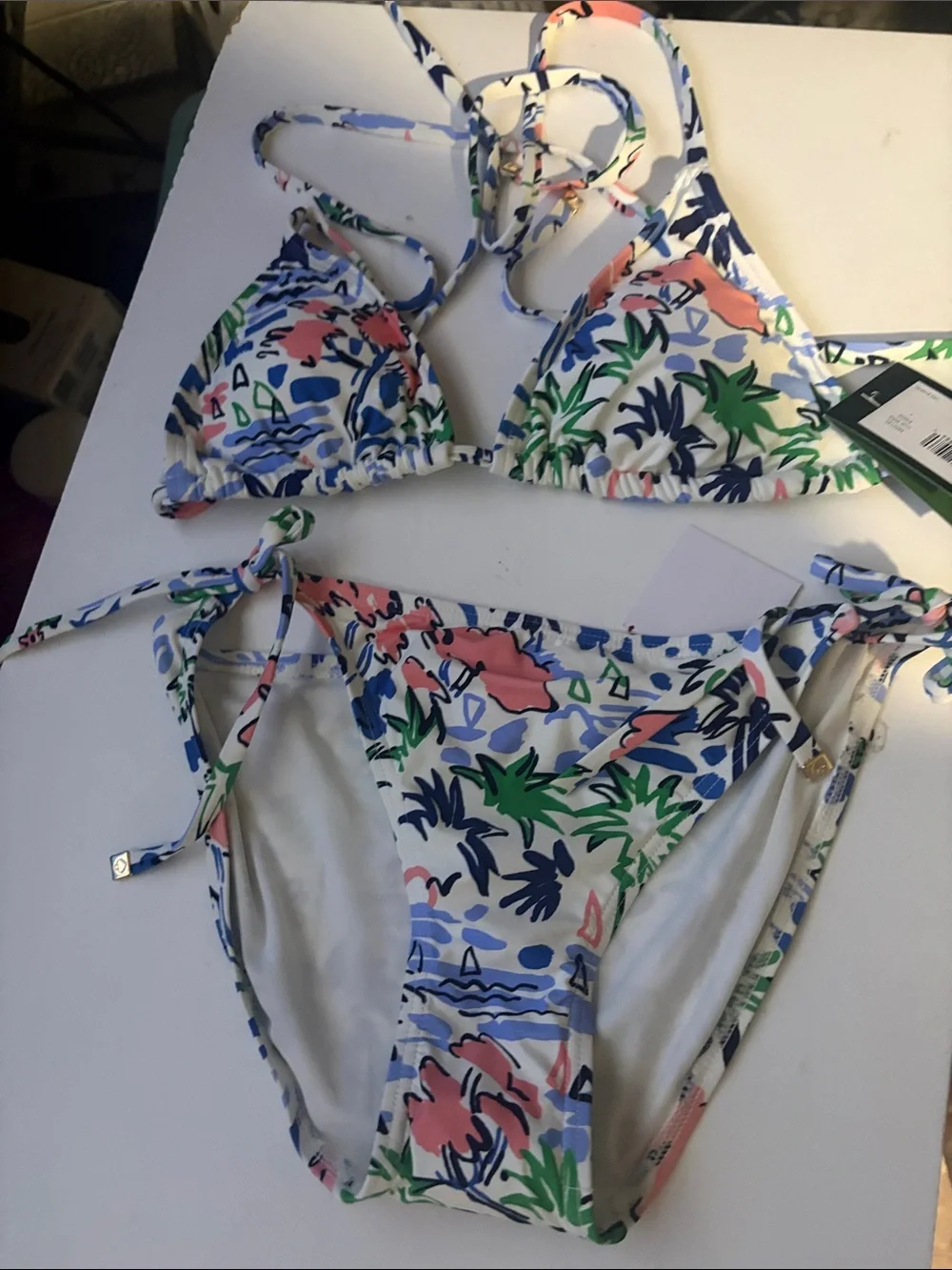 Kate spade 2 piece triangle bikini string top & bottom tropic print nwt Sz Small